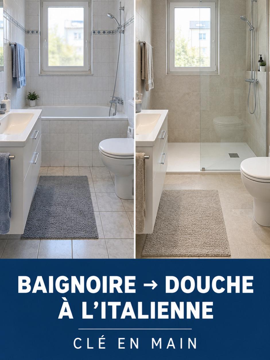Visuel de l’offre : une salle de bains avec baignoire et sa transformation en douche